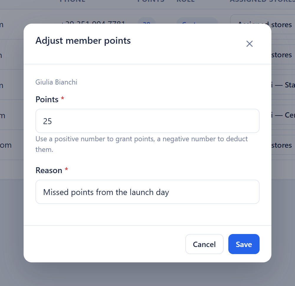 Adjusting a member's points