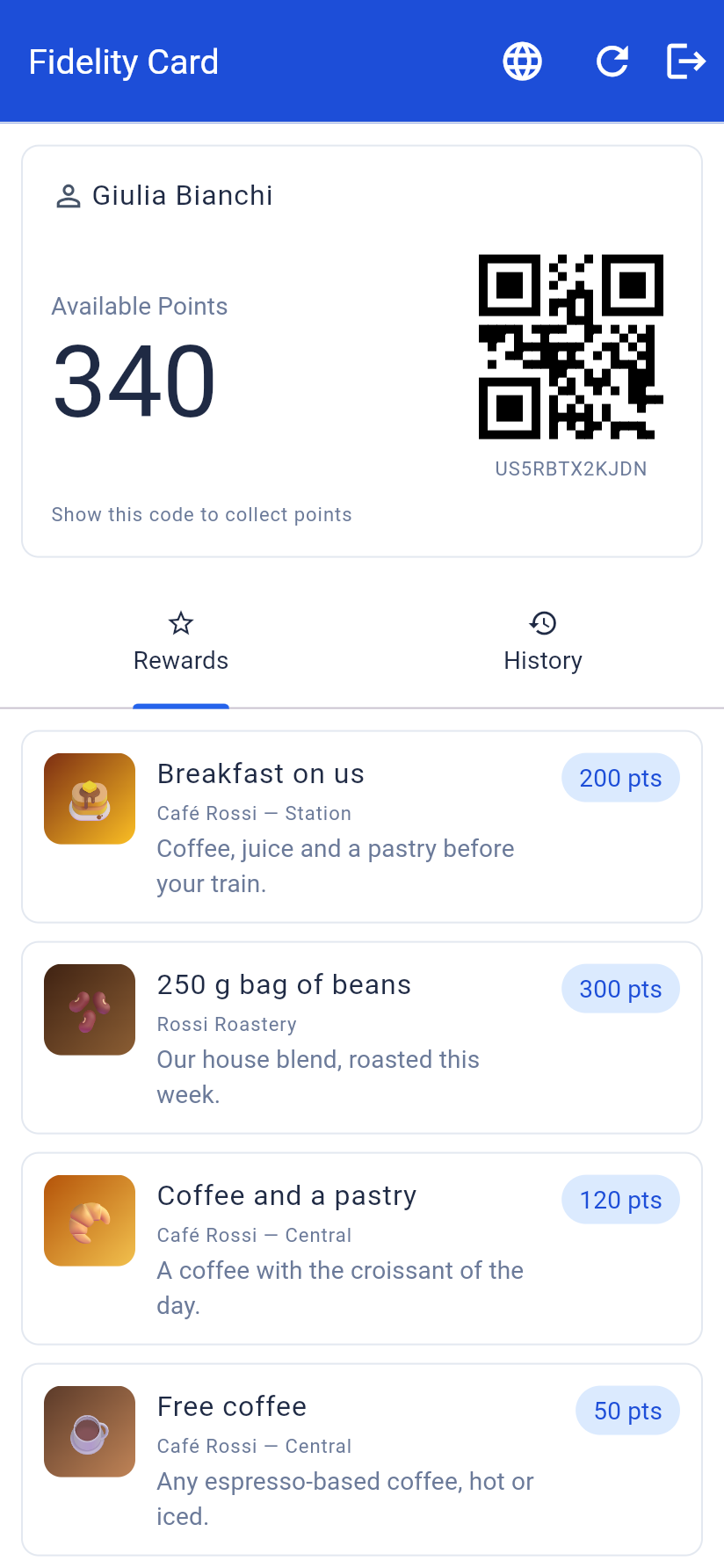 The customer's card, with the code staff scan