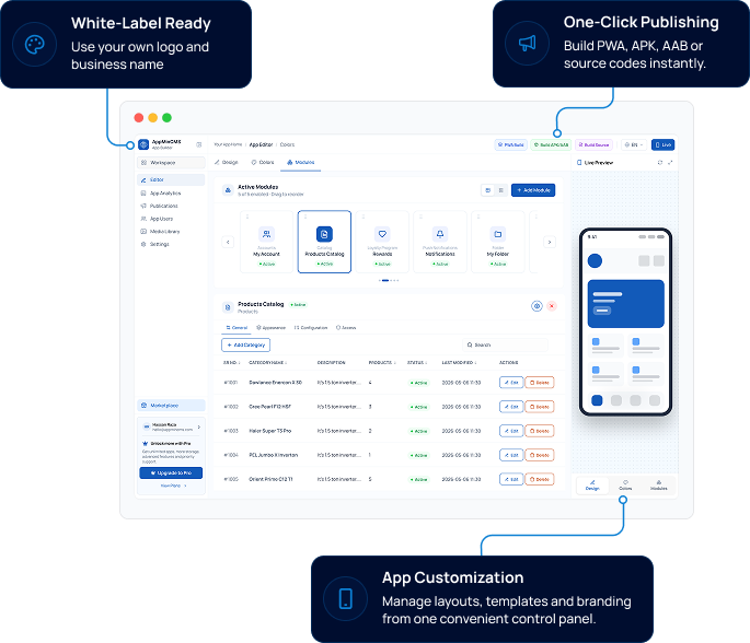 AppMinCMS white-label mobile app builder dashboard with live app preview