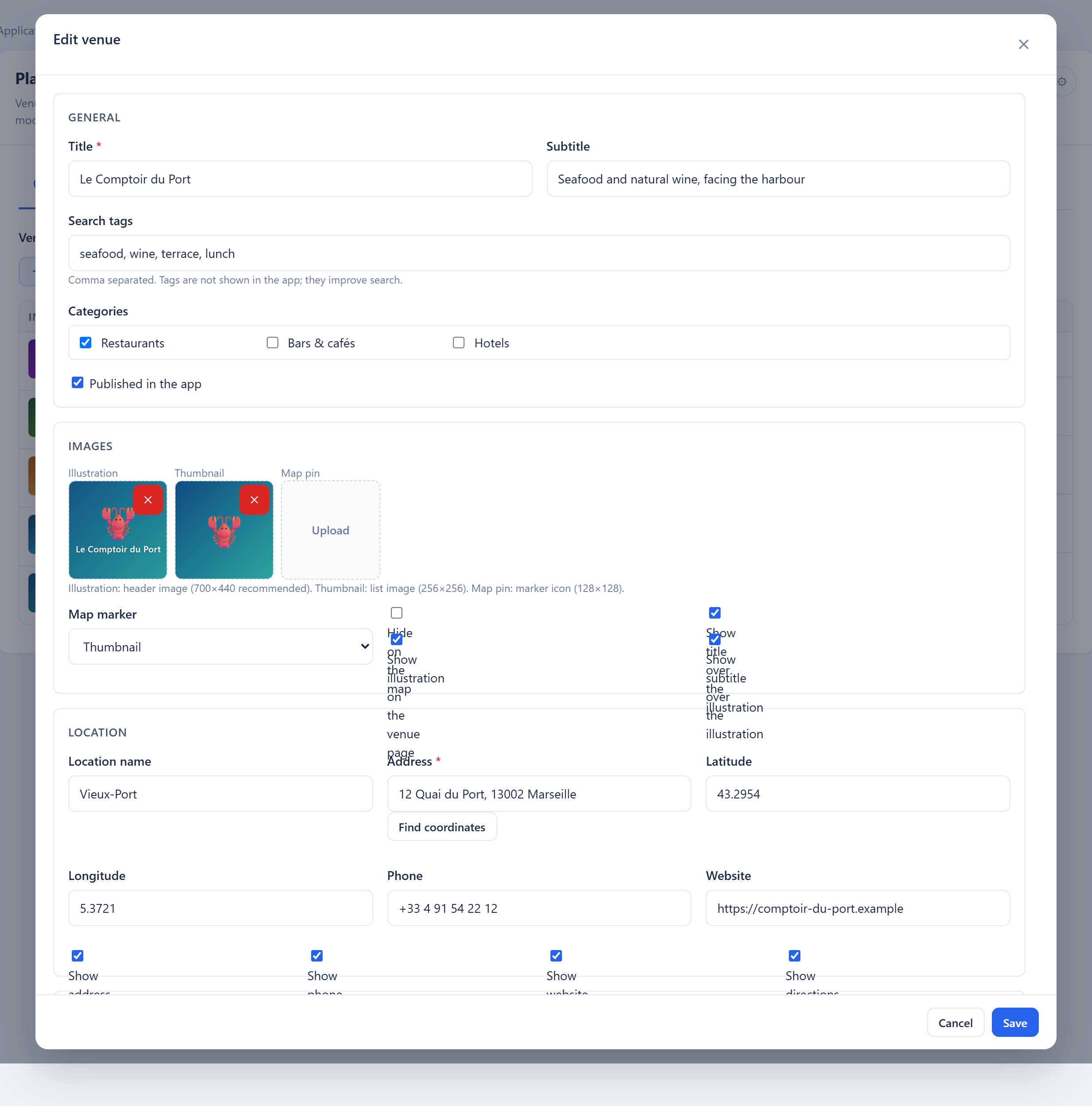 Venue editor, images