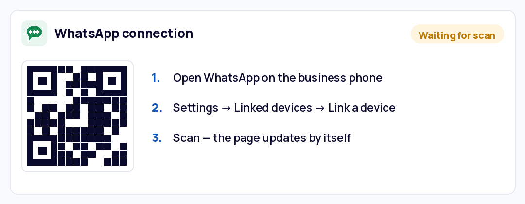 QR code screen used to link the app to its WhatsApp number, with scanning steps.