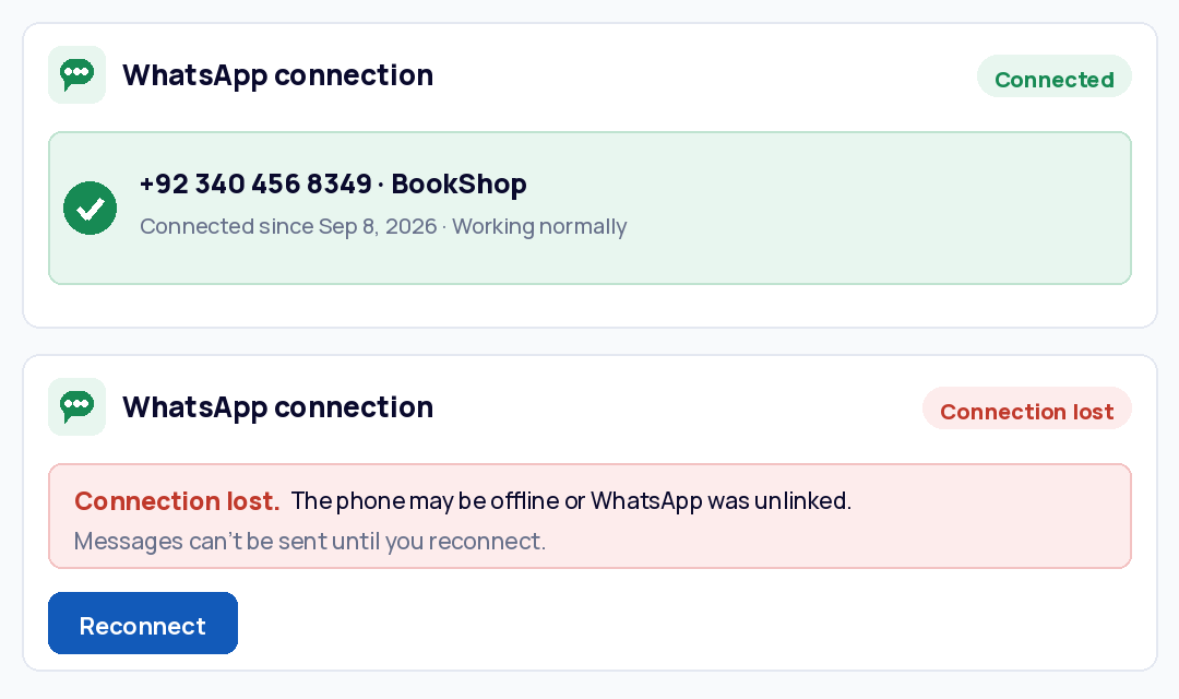 Connection card in two states: connected and connection lost.