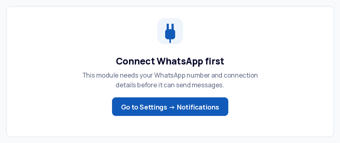 Empty state shown inside the app until the WhatsApp number is connected.