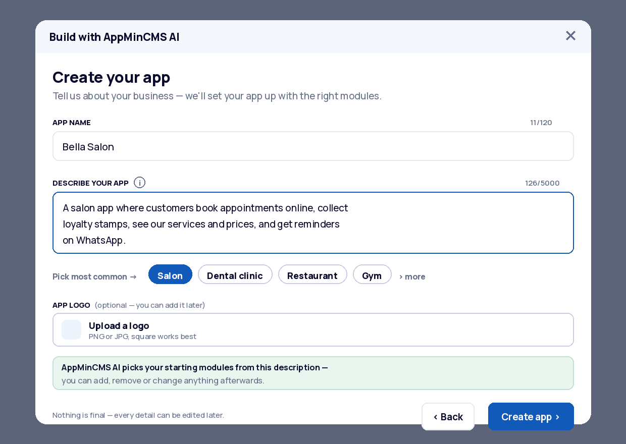 The create form with a filled description and the Salon shortcut selected