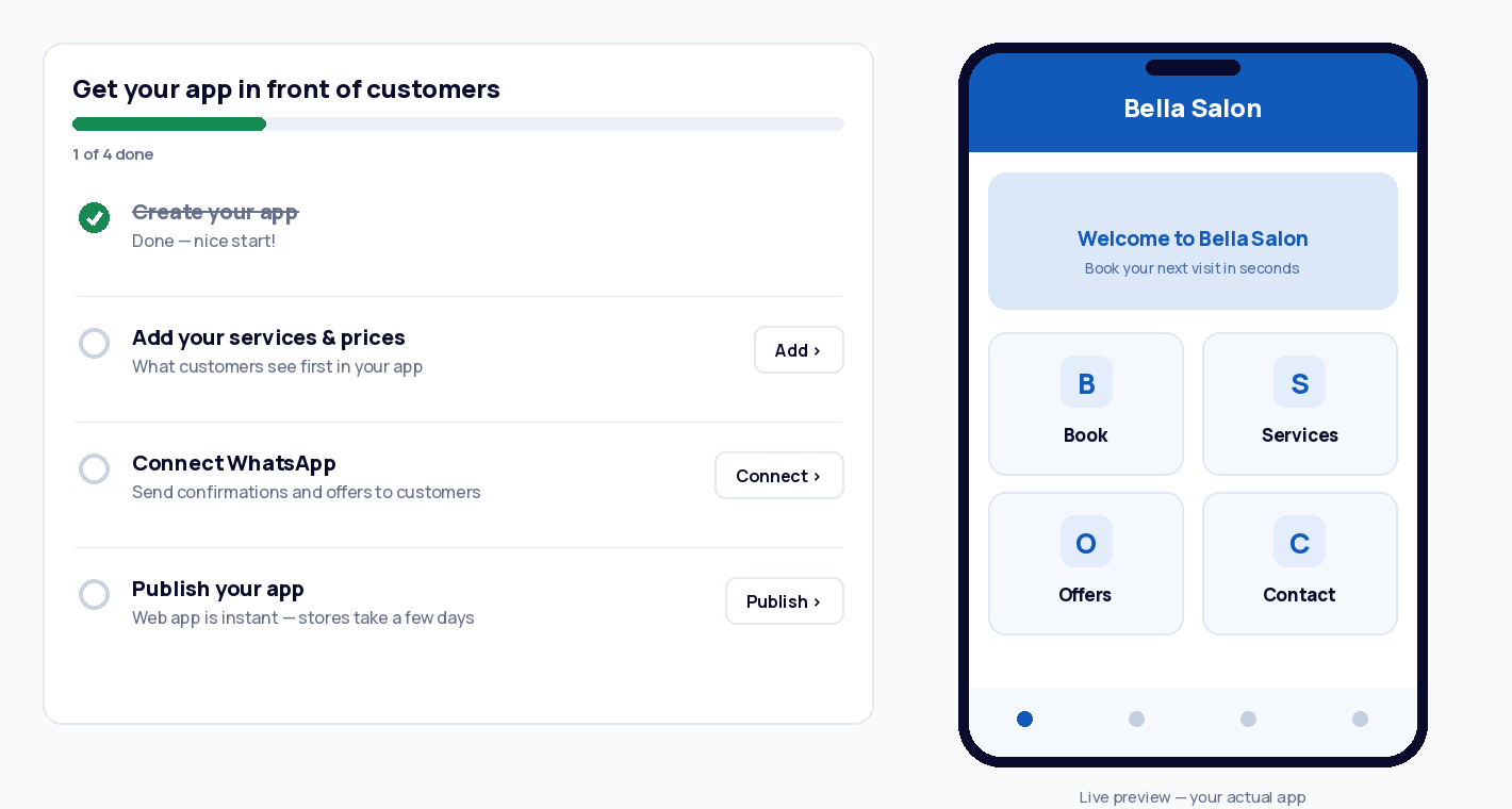 The dashboard checklist beside the live phone preview of the app