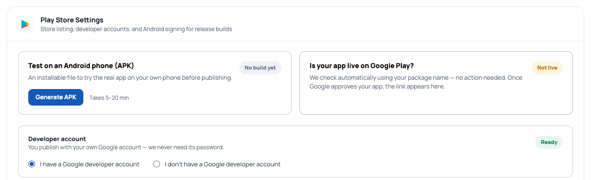 Google Play tab with Generate APK, live-status check and developer account section