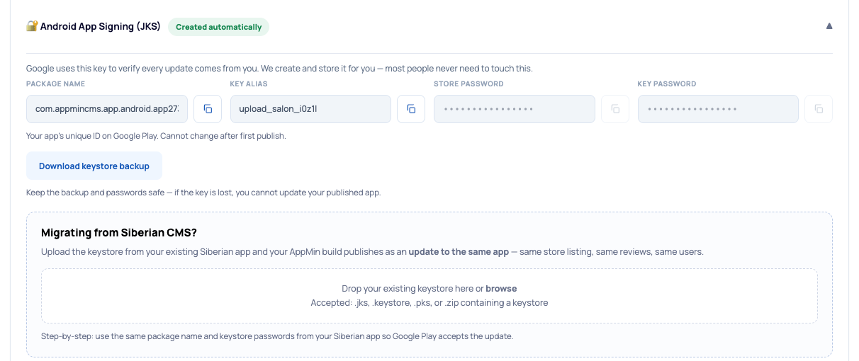 Android App Signing section with package name, alias, passwords, keystore backup and the Siberian migration drop zone