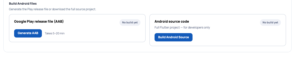 Build Android files section with Generate AAB and Android source code options