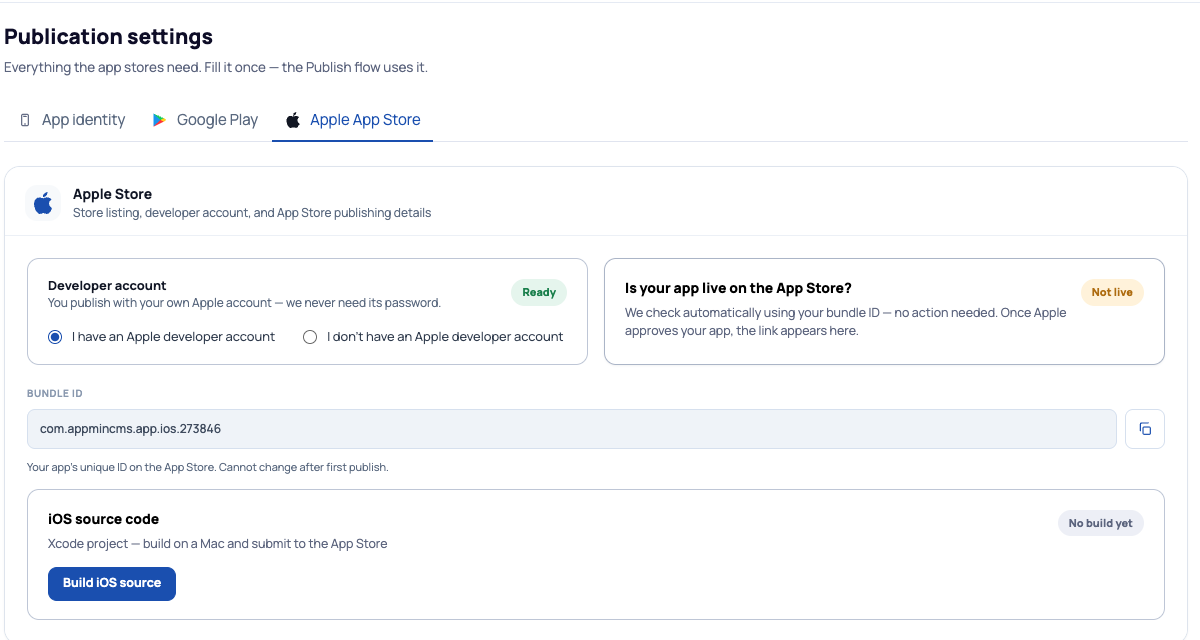 Apple App Store tab with developer account choice, live-status check, Bundle ID and iOS source build