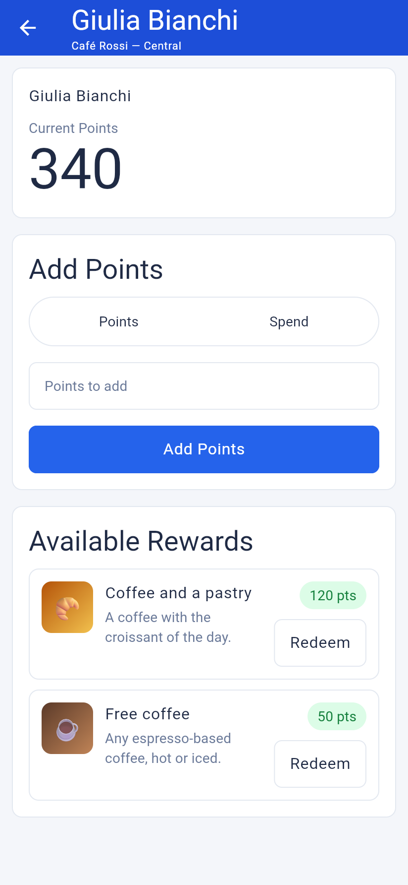 Adding points to a customer